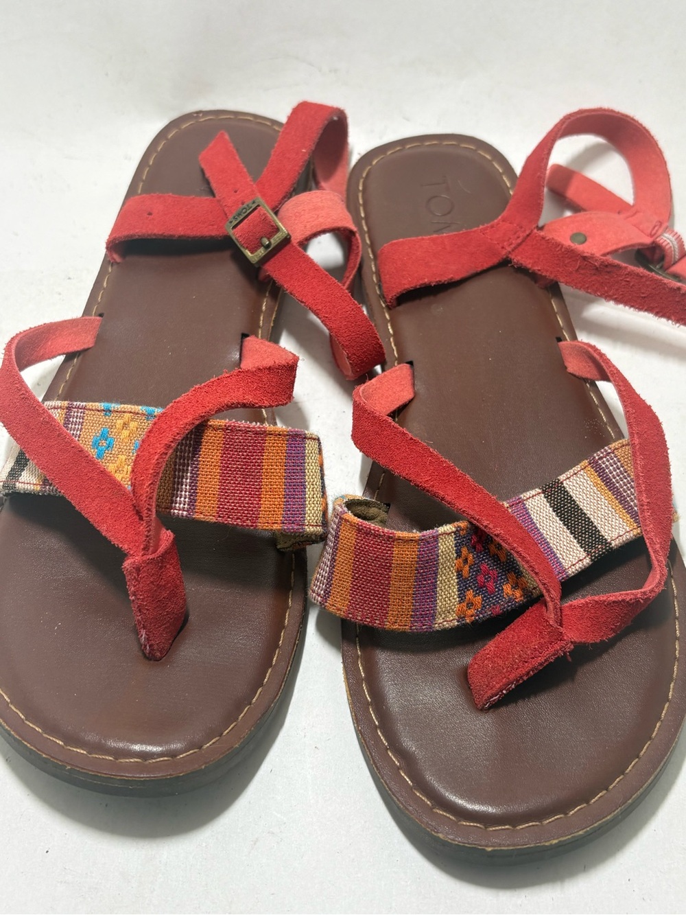 TOMS women’s red suede woven canvas Strappy sling Back sandals size 6.5 NEW Boho